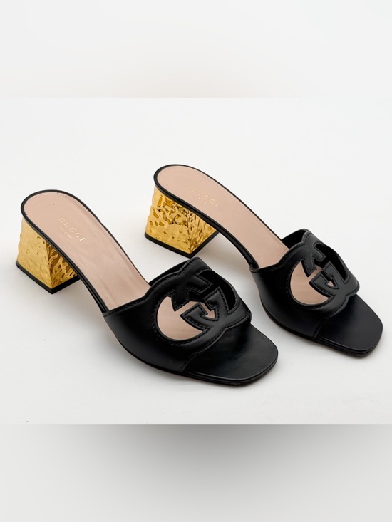 Gucci Shoes - Gucci Cosmos Cut Out GG Slide Black Leather Sandals Gold Heel EU 39.5 US 9.5